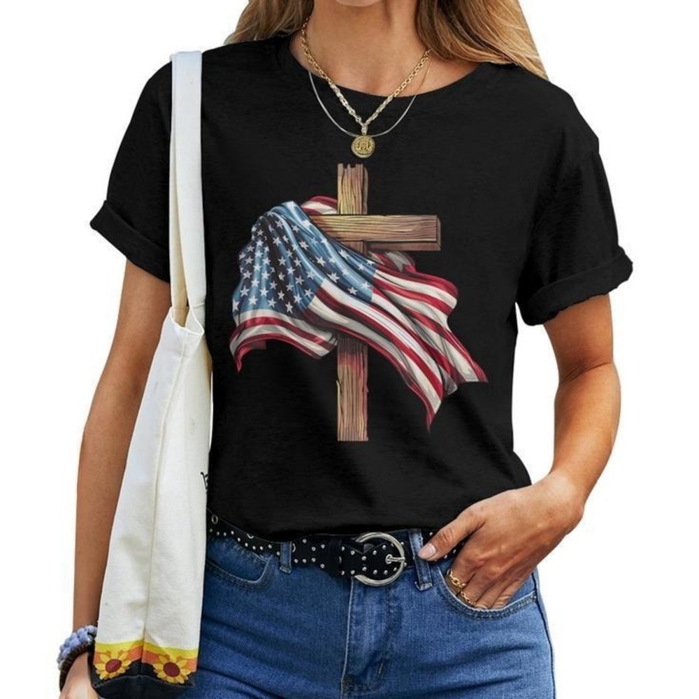 American Flag Christian Cross Jesus 4Th Of July Unisex T-shirt Gift For Fan